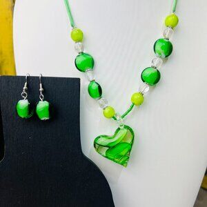 Gorgeous Green Glass Necklace and Earring Set
